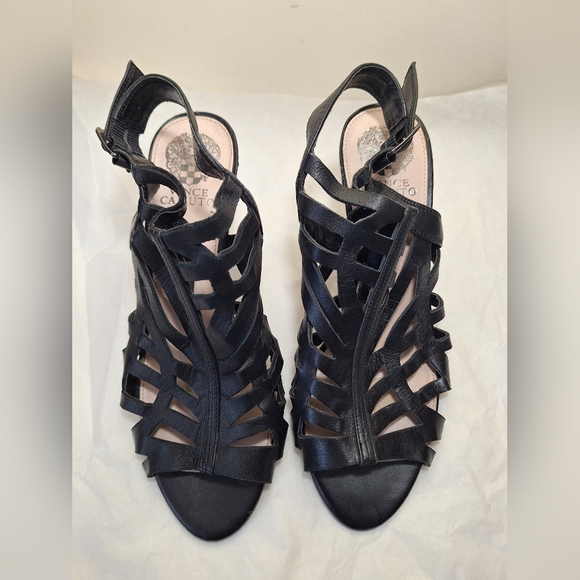 Vince Camuto strapy black leather cut-out peep toe pyramid heel sandals 8.5 - Picture 3 of 9